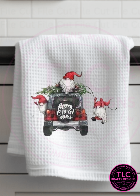 Christmas Gnome Towel – Festive Farmhouse Kitchen Decor with Holiday Lights & Tree