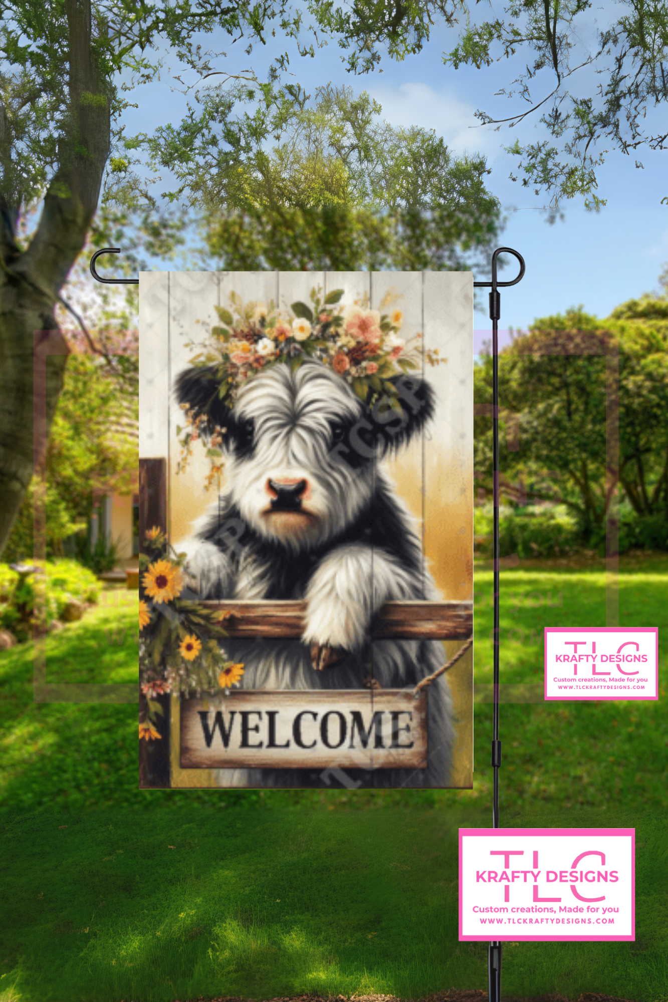 Highland Cow Welcome Garden Flag – Floral Crown Rustic Farmhouse Outdoor Decor