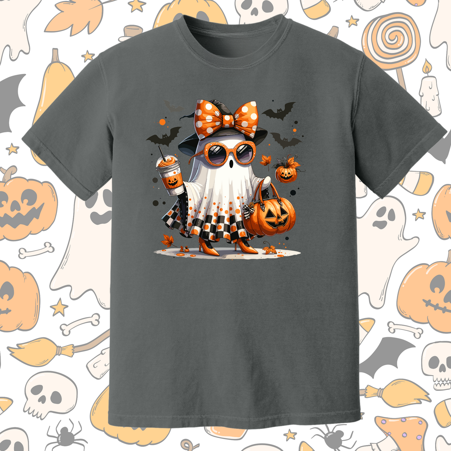 Trendy Halloween Ghost Girl T-Shirt – Orange Tee with Bats, Pumpkin Drink & Bow