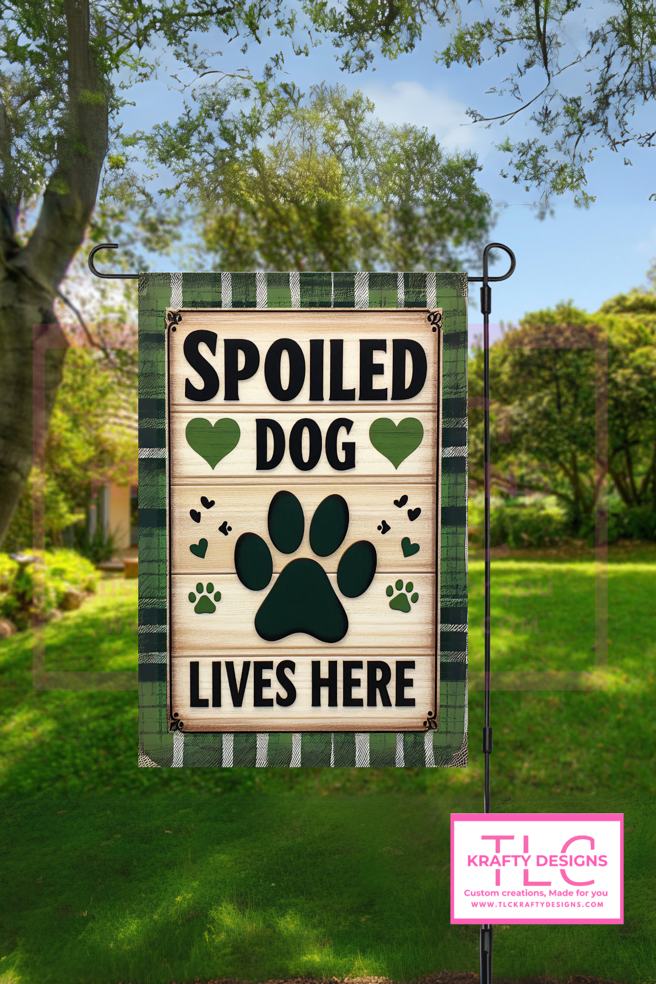 Spoiled Dog Lives Here Garden Flag – Green Paw Print Welcome Banner for Dog Lovers