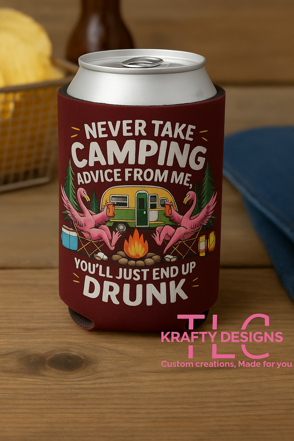 Funny Camping Koozie – Flamingo “Never Take Camping Advice” Can Cooler – Outdoor Beer Sleeve – RV Life Gift – Drunk Campfire Vibes