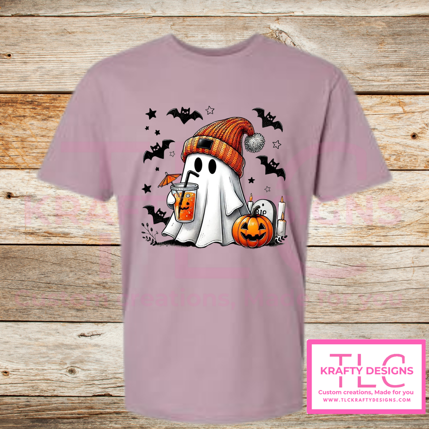 Cozy Ghost Halloween Tee – Fall Drink & Pumpkin Shirt in Fun Colors