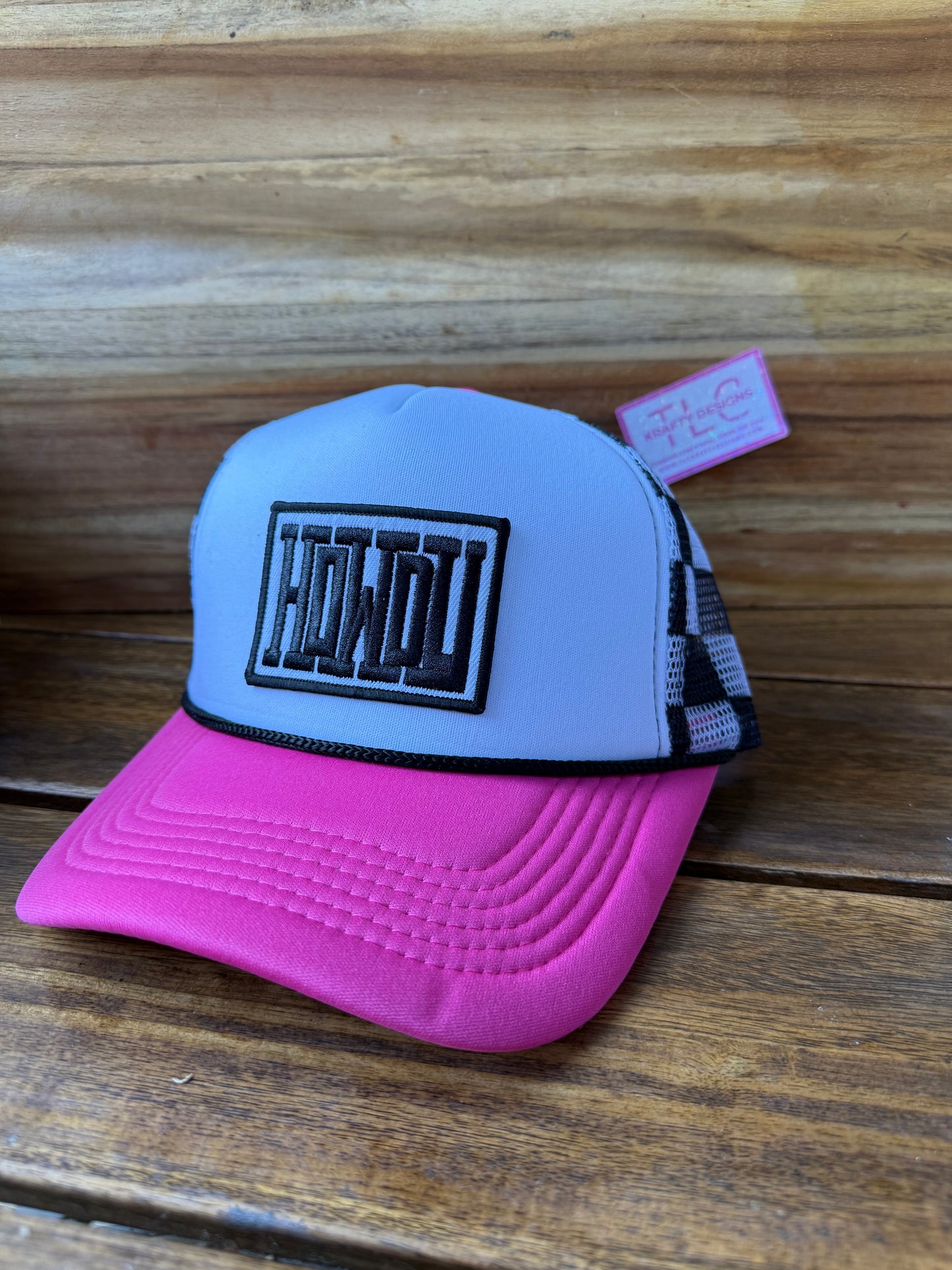 Howdy Trucker Hat – Hot Pink with Checkered Mesh and Bold Western Patch