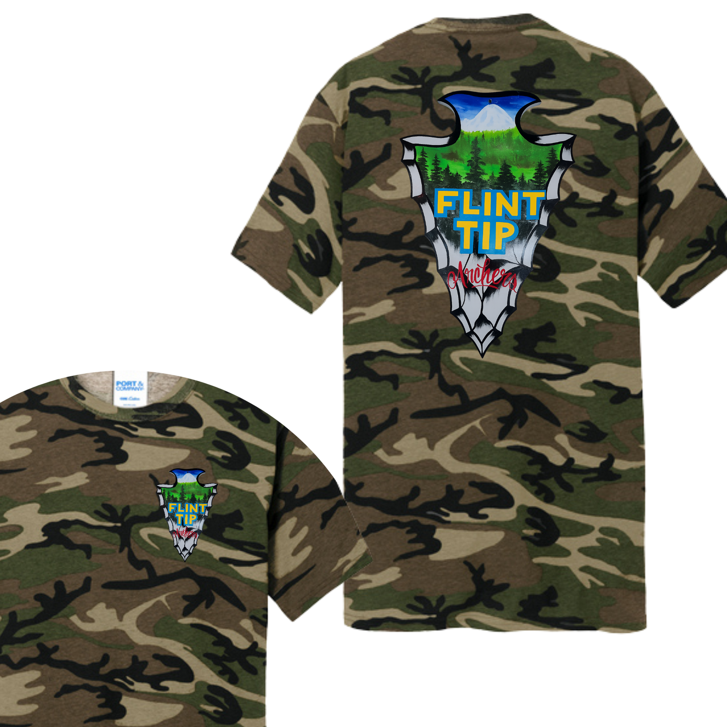Flint Tip Archery Camo T-Shirt – Outdoor Sportswear with Custom Arrowhead Design