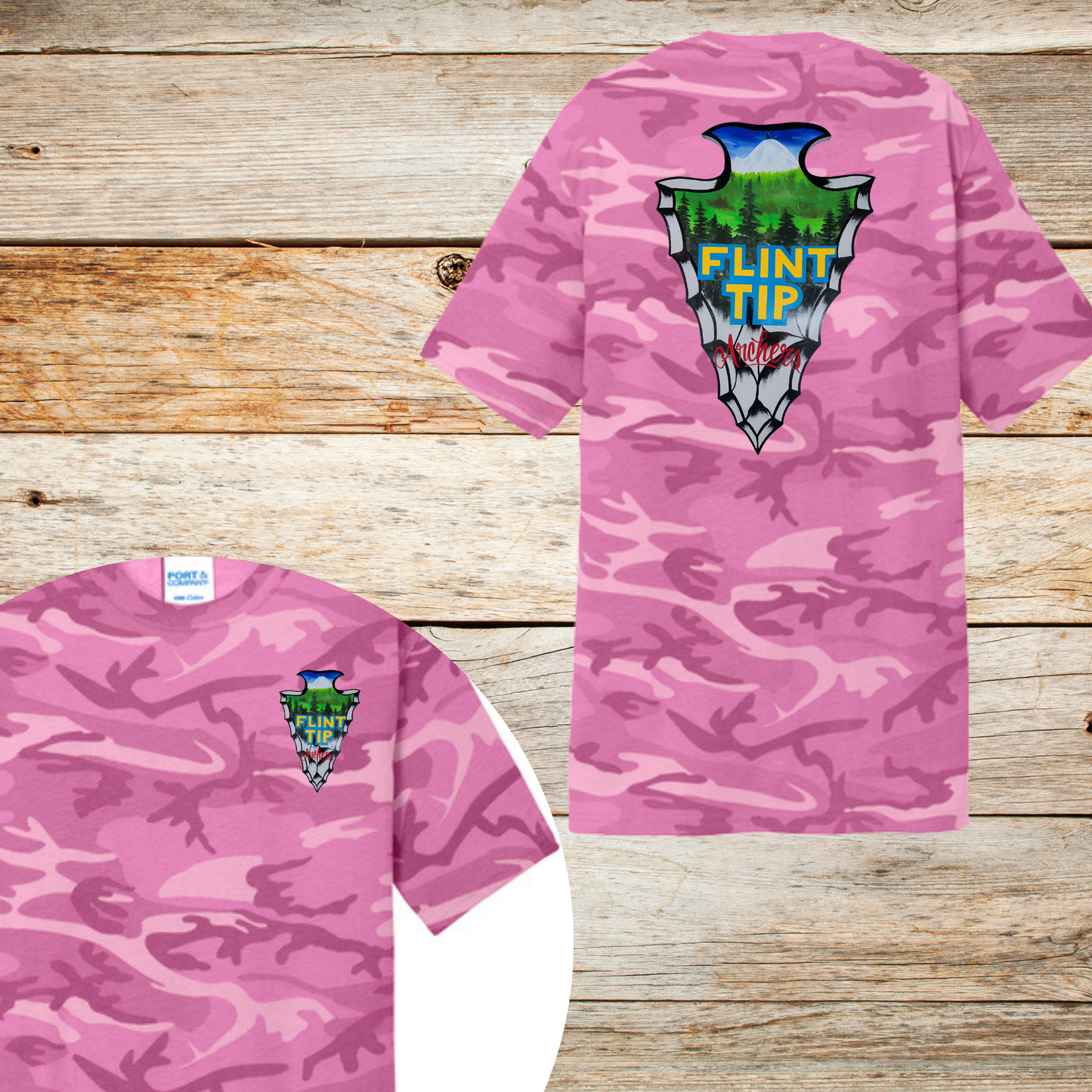 Flint Tip Archery Camo T-Shirt – Outdoor Sportswear with Custom Arrowhead Design