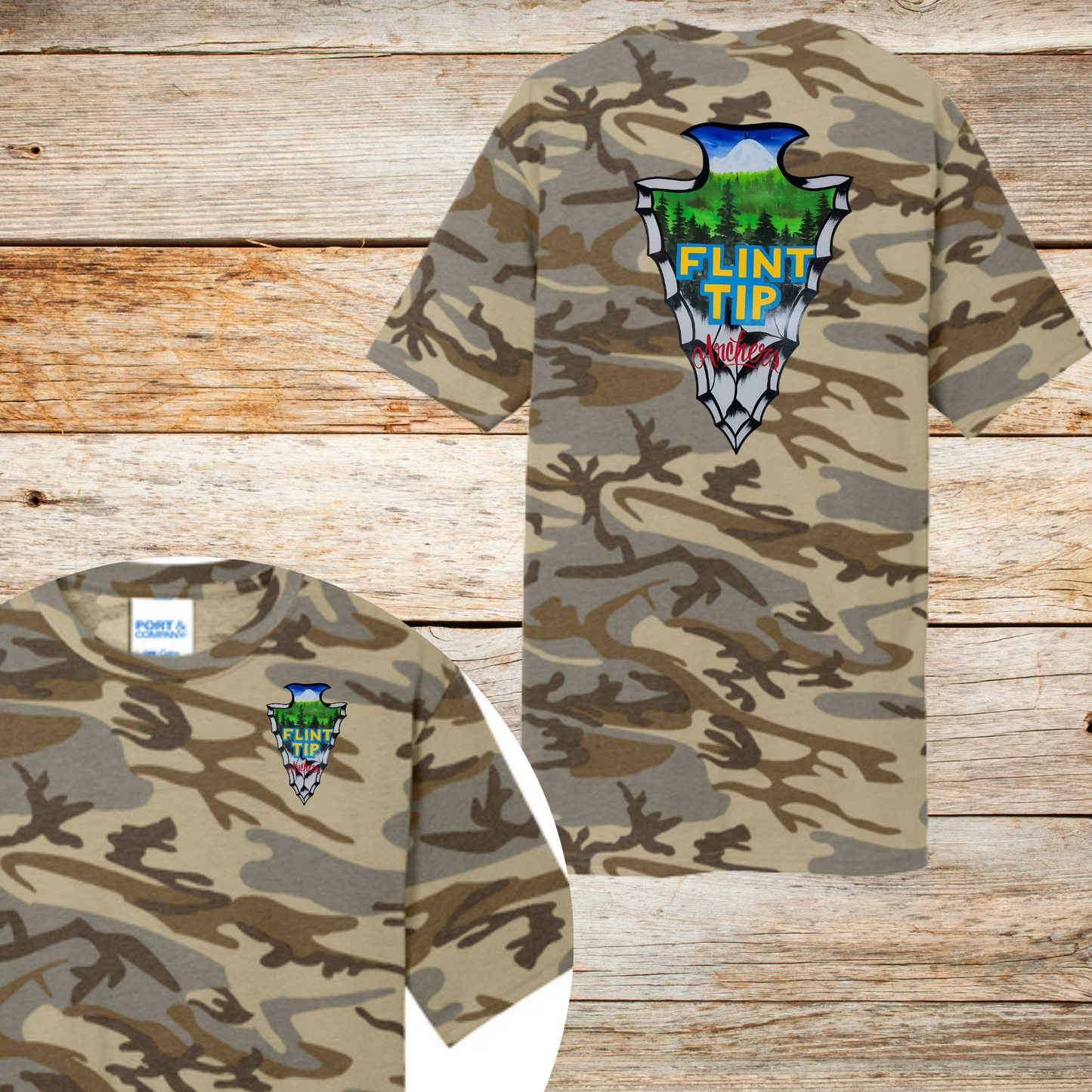 Flint Tip Archery Camo T-Shirt – Outdoor Sportswear with Custom Arrowhead Design