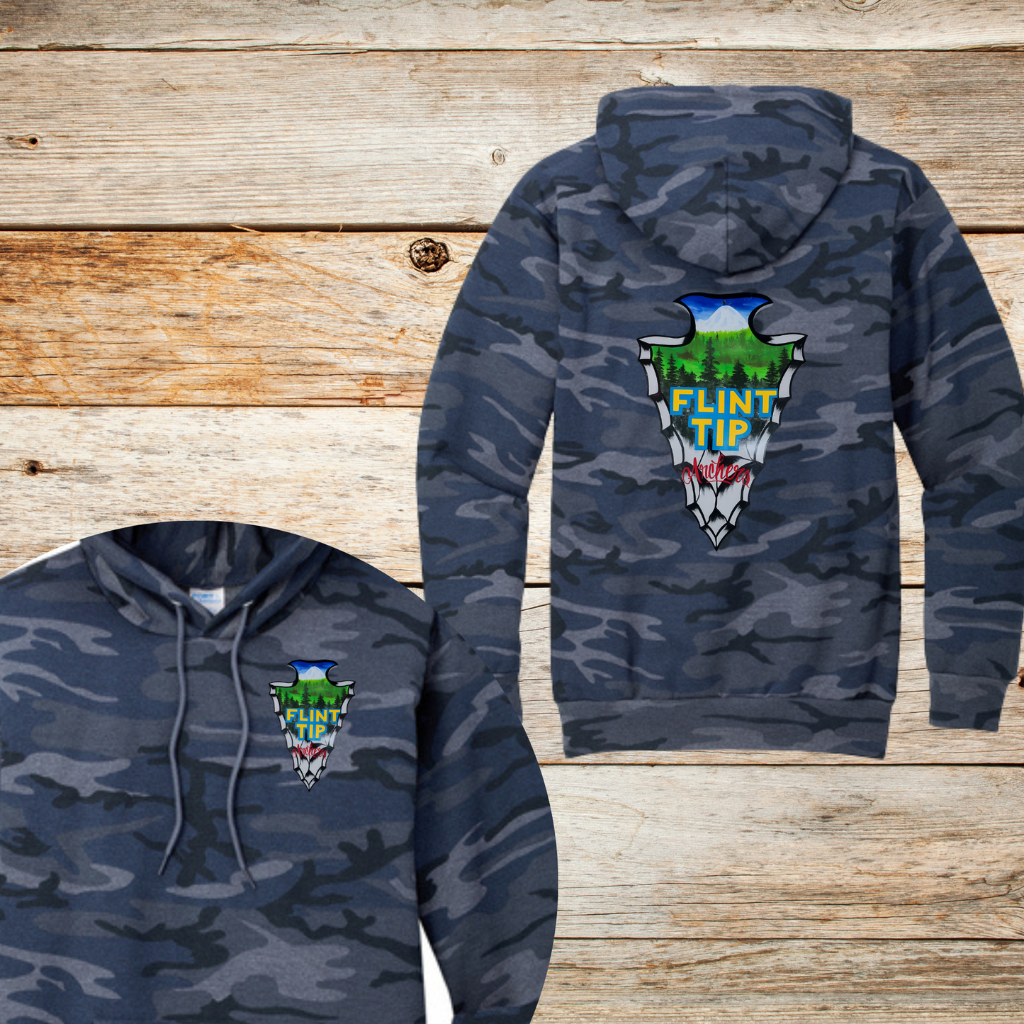 Flint Tip Archery Camo Sweatshirt – Outdoor Sportswear with Custom Arrowhead Design