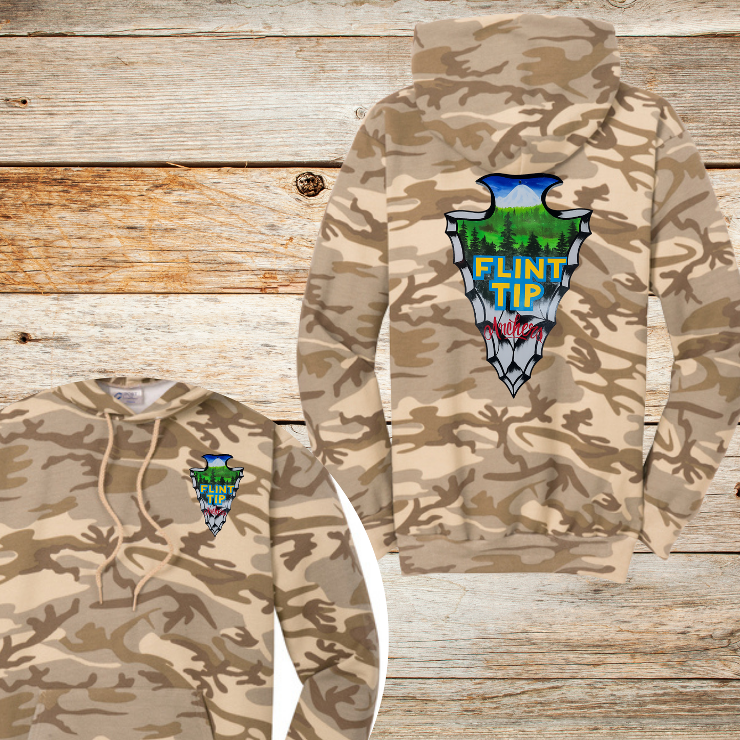 Flint Tip Archery Camo Sweatshirt – Outdoor Sportswear with Custom Arrowhead Design