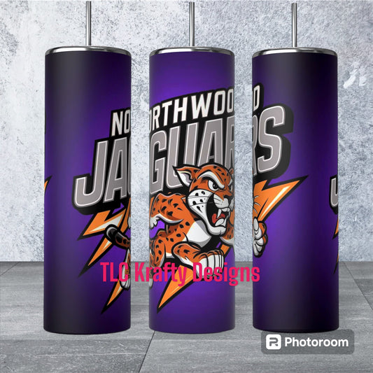 Northwood Middle School Jaguar’s Purple & Gold Logo Sublimation 20oz. Skinny tumbler