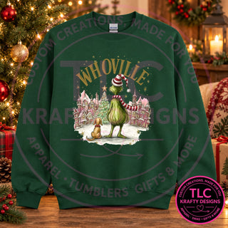 Green Man Christmas Village design on a Forest Green crewneck sweatshirt