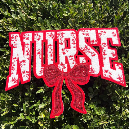 XL Nurse Chenille Patch With Sequin Bow Hot Pink – Healthcare Iron-On / Sew-On Appliqué CK
