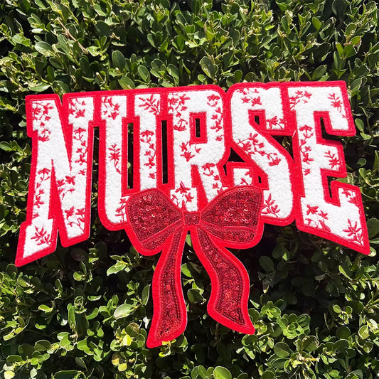 XL Nurse Chenille Patch With Sequin Bow Hot Pink – Healthcare Iron-On / Sew-On Appliqué CK