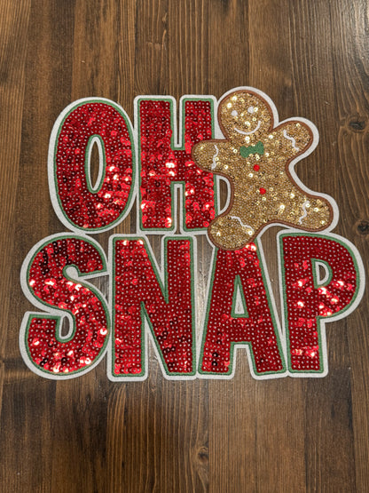 🎄 OH SNAP Patch – Holiday Sequin Extra Large Iron-On with Gingerbread Man (Approx. 10”)