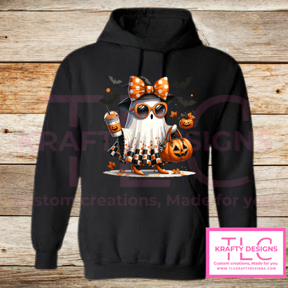 Girly Halloween Ghost Sweatshirt – Cute Fall Ghost with Coffee, Bats, and Pumpkins | Spooky Season Sweatshirt
