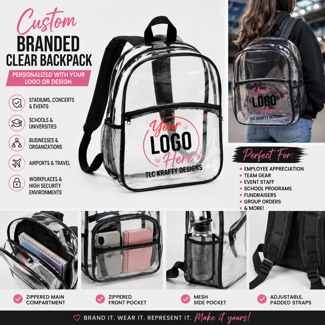 Custom Branded Clear Backpack – Personalized Logo, Business, School & Event Bag