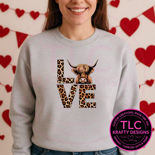 Leopard LOVE Highland Cow Shirt or Sweatshirt – Valentine Cow Graphic Apparel