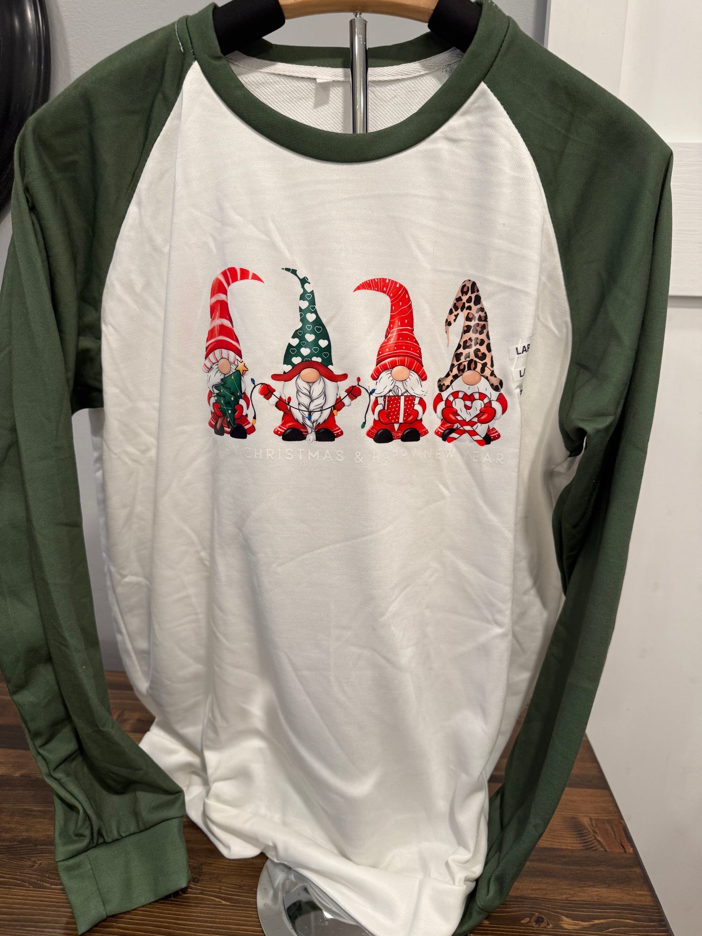 Christmas Gnomes Raglan Top – Green Sleeve Holiday Long Sleeve
