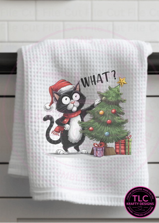 Funny Christmas Cat Towel – Santa Hat Kitty with Christmas Tree Kitchen Decor 🎄😺