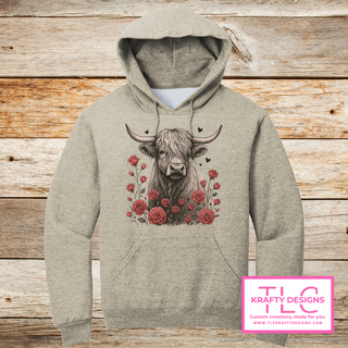 Highland Cow Floral Hoodie – Cute Cow and Rose Sweatshirt | Cozy Country Cowgirl Pullover