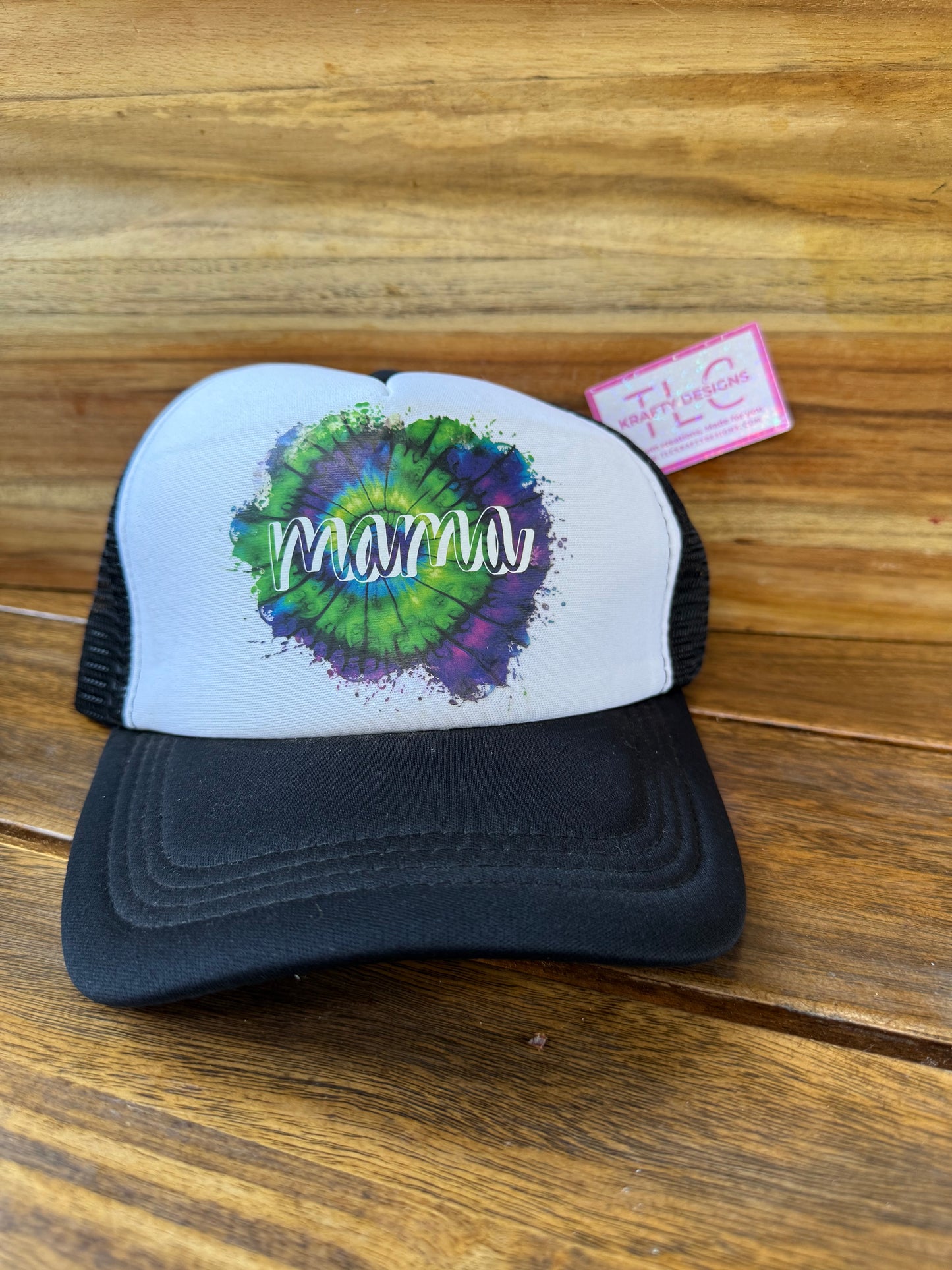 Mama Tie-Dye Trucker Hat – Black & White Hat with Color Splash Design