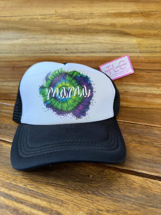 Mama Tie-Dye Trucker Hat – Black & White Hat with Color Splash Design