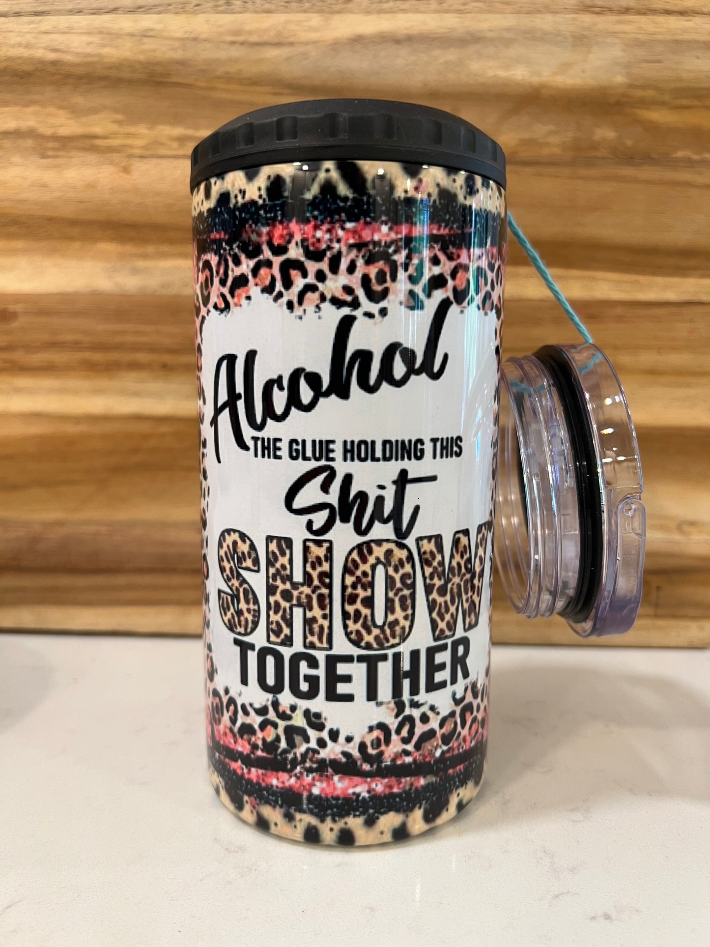 Alcohol The Glue Holding this Sh$t Show together pink trim 16oz. 4 in 1 Can/Bottle Cup Holder