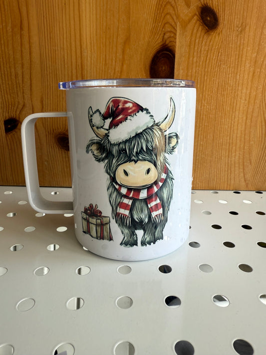 Highland Cow “Let it Snow” 12oz Christmas Travel Mug with Handle