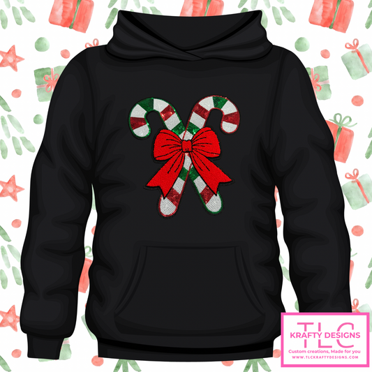 🎄 Candy Cane Bow Sweatshirt – Holiday Chenille Patch with Red, Green & White Sequins (S–4XL)