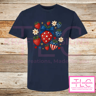 Patriotic Strawberry Tee – Red, White & Blue Summer Style