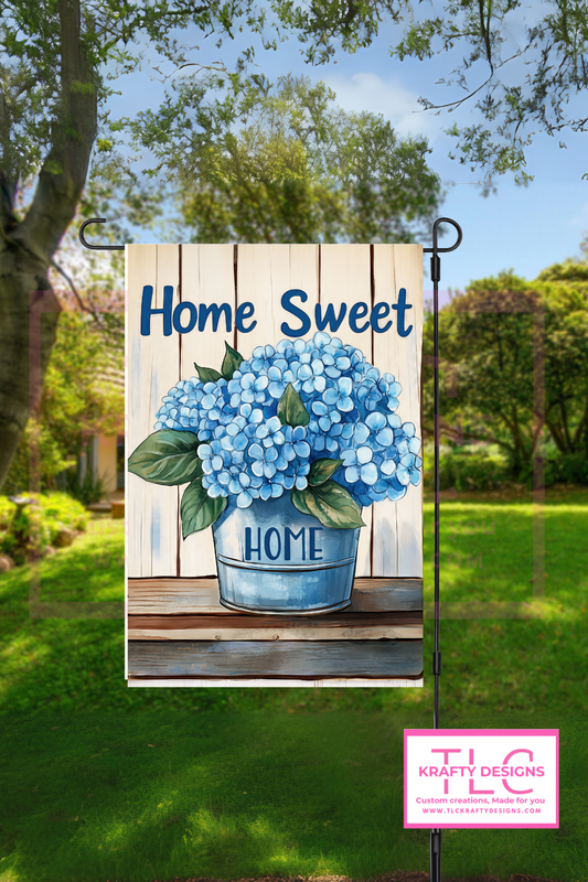 Home Sweet Home Garden Flag – Blue Hydrangeas in Tin Bucket Rustic Outdoor Banner