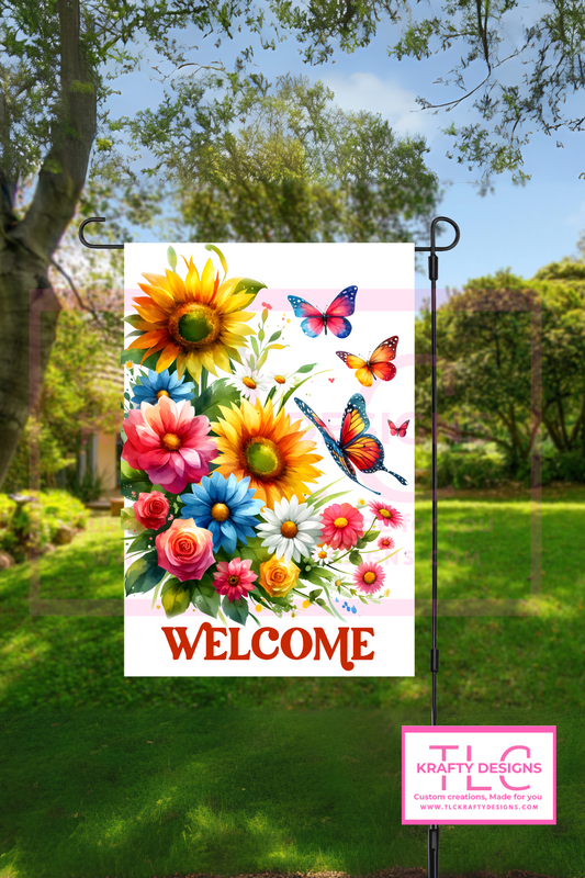 Welcome Garden Flag – Colorful Flowers and Butterflies Outdoor Banner