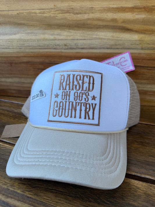 Tan Trucker Hat – “Raised on 90’s Country” Vintage Patch Design