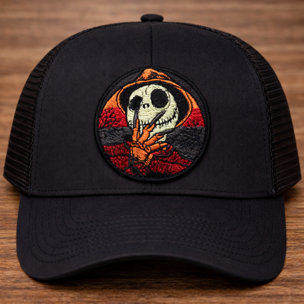 Horror Pumpkin Skeleton Trucker Hat with Embroidered Patch