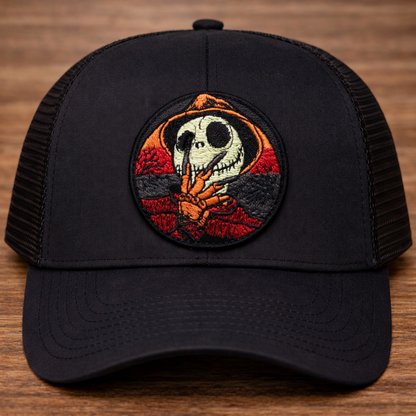 Horror Pumpkin Skeleton Trucker Hat with Embroidered Patch