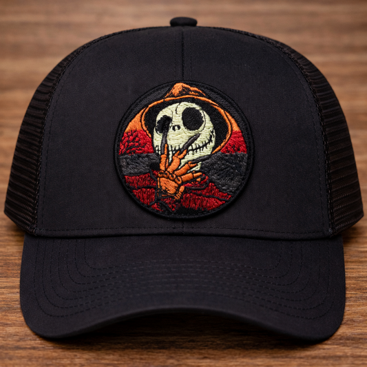 Horror Pumpkin Skeleton Trucker Hat with Embroidered Patch