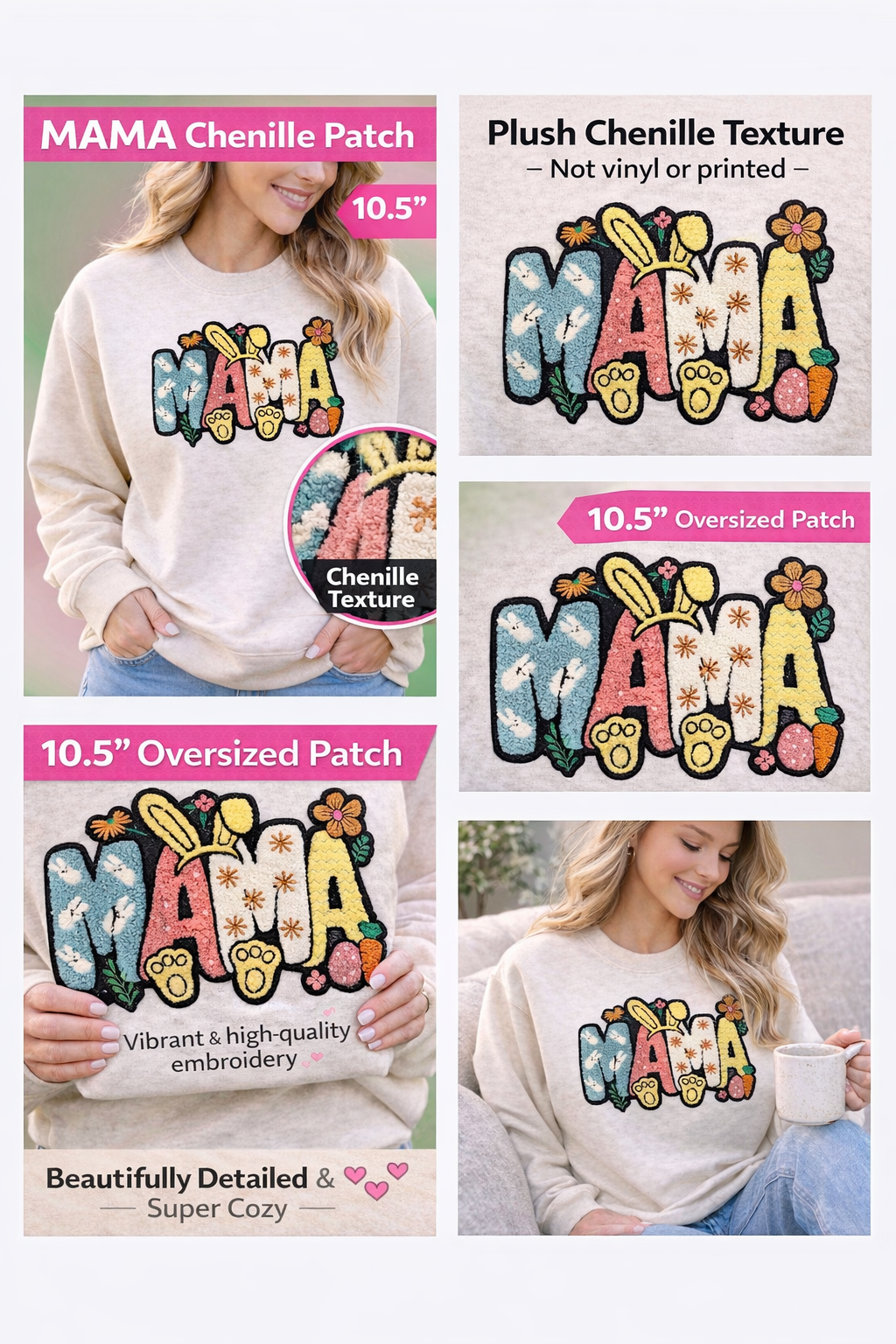 MAMA Chenille Shirt or Sweatshirt – Easter Bunny Mama Top, Spring Floral Chenille Apparel, Cozy Mom Statement Piece