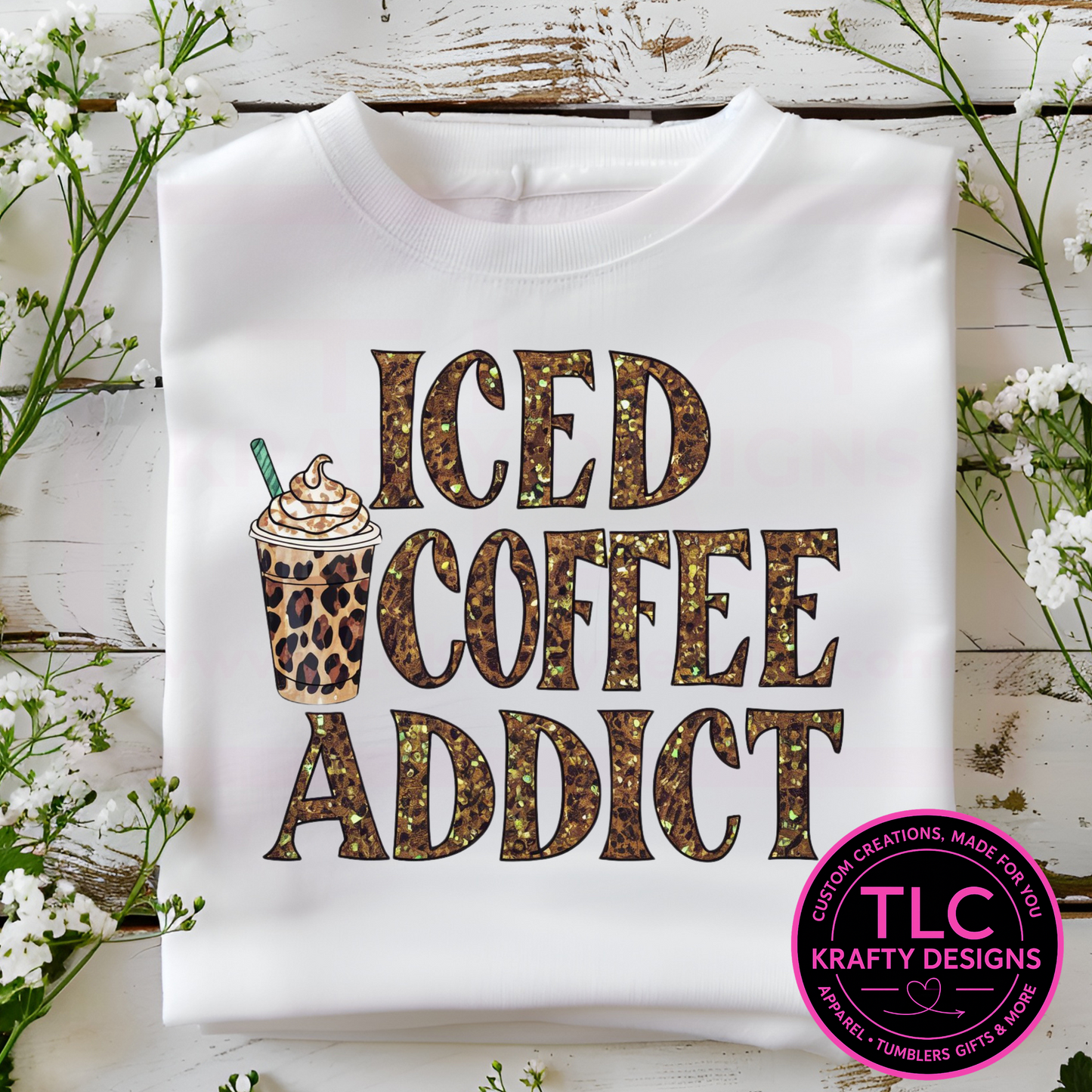 Iced Coffee Addict shirt– Leopard Print Coffee Lover shirt