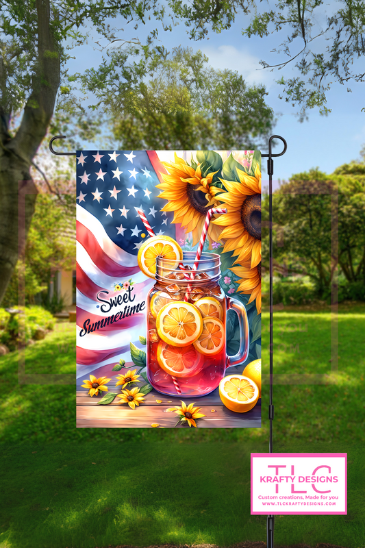 Sweet Summertime Garden Flag – Patriotic Sunflower & Lemonade Outdoor Decor