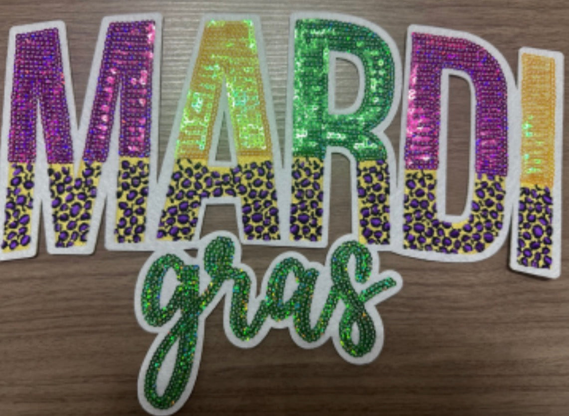 XL Mardi Gras Chenille Patch – Purple, Green & Gold Sequin Letter Patch | Iron-On or Sew-On