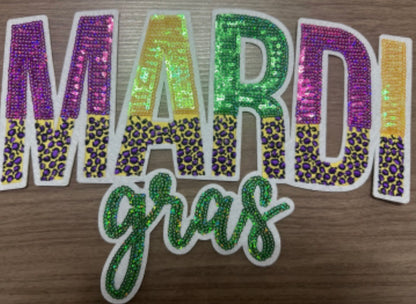 XL Mardi Gras Chenille Patch – Purple, Green & Gold Sequin Letter Patch | Iron-On or Sew-On