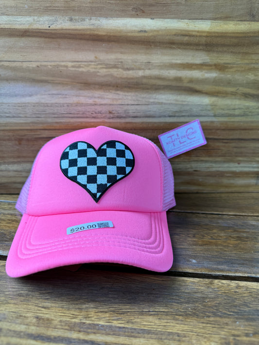 Checkerboard Heart Trucker Hat – Neon Pink Mesh