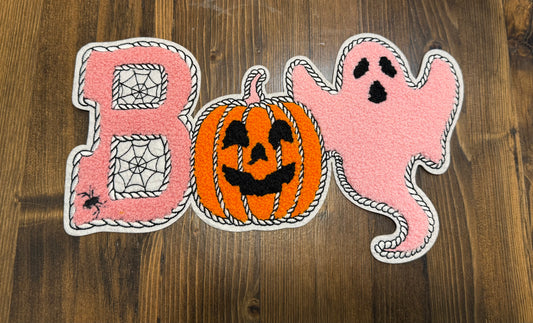 BOO Extra Large Patch – Pink Ghost, Pumpkin, and Spider Web Chenille Iron-On Halloween Patch