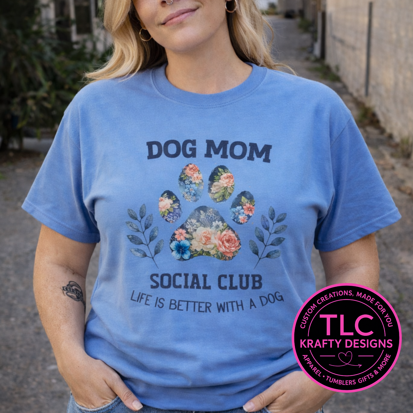 Dog Mom Social Club T-Shirt or Sweatshirt – Floral Paw Print Graphic