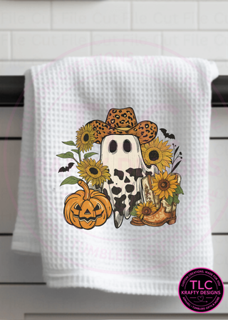 Cowgirl Ghost Halloween Towel – Western Sunflowers, Pumpkins & Cowboy Boots Design