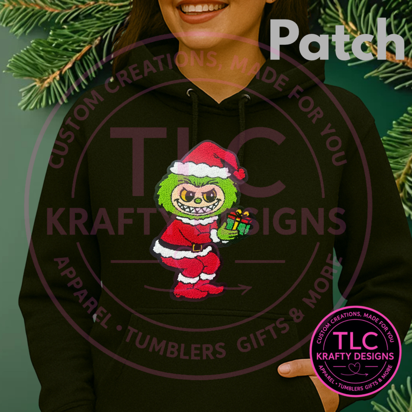 XL Green Man-Inspired Santa Chenille Patch – Naughty Christmas Character with Gift Appliqué