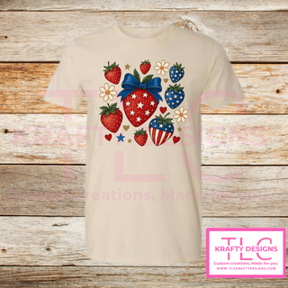 Patriotic Strawberry Tee – Red, White & Blue Summer Style