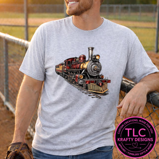 Vintage steam locomotive design — classic red and gold train on a grey tee