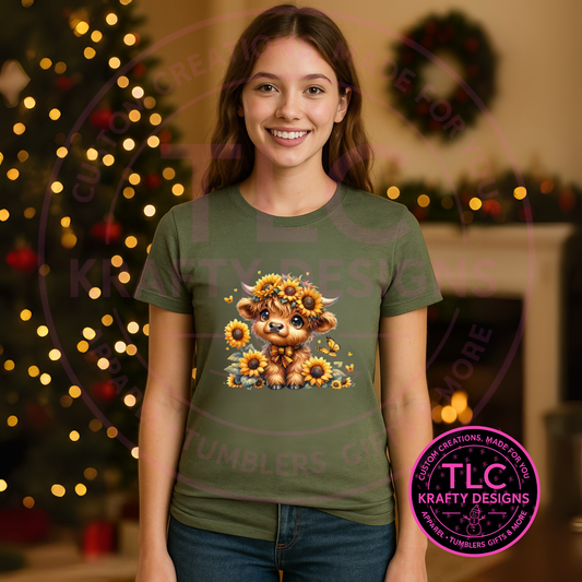 Adorable Highland Cow Sunflower T-Shirt - Autumn Essentials Long or Short Sleeve Tee CK