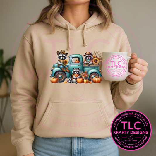 Raccoon Trio Fall Truck Sweatshirt - Autumn Essentials Crew Neck or Hoodie CK