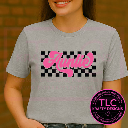 Auntie Shirt Retro Checkered Graphic Tee | Cute Pink Aunt Life T-Shirt | Trendy Auntie Gift for Women | Family Matching Outfit Top